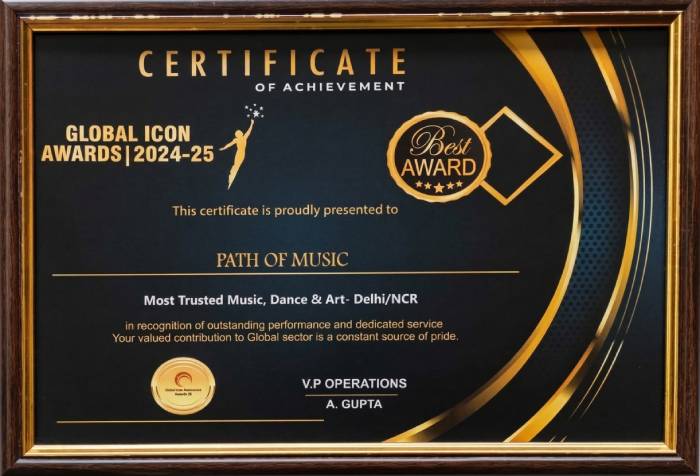 Path of Music College receiving Global Icon Award for most trusted music dance and art institute in Delhi NCR