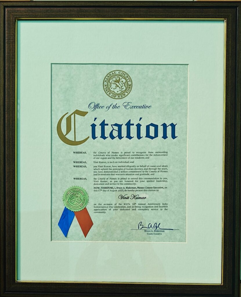 Vinit Kumar receiving Nassau County Executive Citation Award 2025 in New York USA